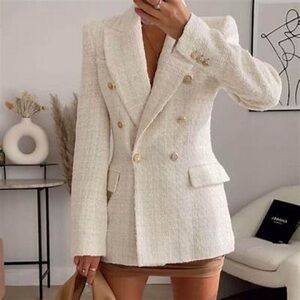 Zara Oyster White Double-Breasted Textured Weave Blazer